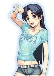 bra brown_eyes denim denim_shorts idolmaster kisaragi_chihaya lingerie long_hair navel shirt shorts tanaka_shoutarou underwear wet wet_clothes wet_shirt