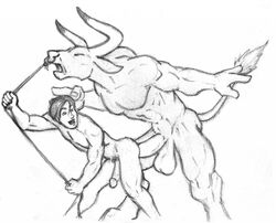 2012 anal anal_penetration anal_sex balls bovine cattle closed_eyes erection gay half-erect horns_and_hooves human humanoid_penis interspecies large_balls large_penis laughingartist male male_only minotaur nose_piercing nose_ring penetration penis penis_size_difference pulling role_reversal sex