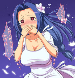 blue_hair blush breasts cleavage dress erect_nipples flower hair_ornament hands_over_mouth huge_breasts idolmaster long_hair miura_azusa red_eyes sweat takayaki tear translated