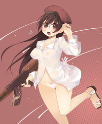 blush bottomless breasts brown_hair female female_only glasses gun hat high_res highres human kashiwamochi_yomogi legs long_hair megane mole mole_on_breast oppai original panties red_eyes rifle sandals see-through shirt solo toes underwear weapon white_panties