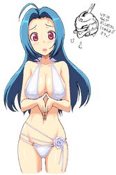 blue_hair blush flower idolmaster large_breasts long_hair miura_azusa mizugi navel red_eyes swimsuit takayaki