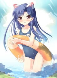 animal_ears blue_hair brown_eyes cat_ears female idolmaster innertube kisaragi_chihaya komi_zumiko long_hair mizugi one-piece_swimsuit school_swimsuit solo sukumizu swimsuit tail water