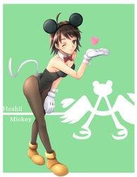 1girls awakened_miki bowtie brown_hair catgirl color cosplay disney female gloves hoshii_miki idolmaster kemonomimi leotard mickey_mouse_(cosplay) mouse_ears pantyhose pun short_hair solo tail tights white_gloves wrist_cuffs yuki_usagi_(mofurafu)