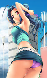 ass blue_hair hair_ribbon halter halterneck idolmaster long_hair miniskirt miura_azusa panchira panties pantyshot ponytail purple_panties red_eyes ribbon skirt takayaki tied_hair underwear upskirt