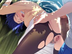 asakura_sakura ass bent_over blue_hair blush censored cg closed_eyes cum cum_on_body eroge female game_cg glasses highres no_panties open_mouth pantyhose penis pussy red_eyes ring sex shiga_ryouji short_hair skirt skirt_lift sunlight sweat tachibana_shizuka torn_pantyhose trees uwaki_tsuma westvision