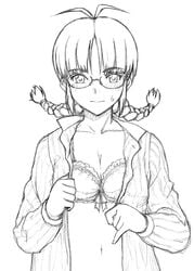 akizuki_ritsuko blush bra braid glasses idolmaster lingerie megane midriff monochrome open_clothes open_shirt shirt short_hair sketch tanaka_tanishi twin_braids underwear