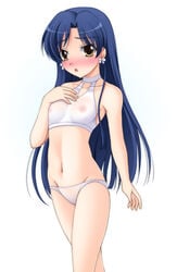 blush bra earrings idolmaster jewelry kisaragi_chihaya long_hair lowleg lowleg_panties lowleg_pantsu narutaki_shin nipples panties see-through see-through_bra see-through_panties underwear yellow_eyes