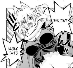 12_beast 1girls breasts canine english_text female female_only freki_(12_beast) fur monochrome okayado shirt solo text wolf wolf_ears wolf_girl