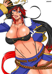 breasts fan female hand_on_hip midriff multicolored_hair nanbu_kaguya nipples papepox2 simple_background smile solo super_robot_wars super_robot_wars_og_saga_mugen_no_frontier suzuka_hime_(cosplay)