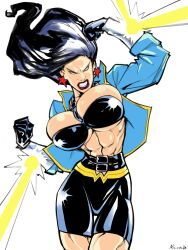 1girls abs bike_shorts black_hair blue_jacket clenched_teeth dc_comics earrings female female_only huge_breasts long_hair solo star_earrings toned vambraces wonder_woman wonder_woman_(series)