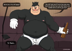 1boy alcohol anthro beverage bottle bulge clothing dialogue disney fat feline goof_troop holding_bottle holding_object lovkuma male male_only mammal obese obese_male overweight overweight_male peter_pete_sr. sofa solo underwear