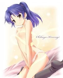 blue_hair blush idolmaster kisaragi_chihaya komone_ushio panties ponytail ribbon sitting socks solo tied_hair topless underwear