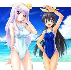 armpits arms_up beach black_hair blue_eyes competition_swimsuit ganaha_hibiki hairband hidebou idolmaster long_hair mizugi ocean one-piece_swimsuit purple_eyes purple_hair shijou_takane sky swimsuit water