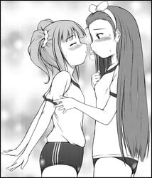 breath buruma female gym_uniform idolmaster manga minase_iori monochrome multiple_girls nishi_(count2.4) takatsuki_yayoi tied_hair twintails yuri