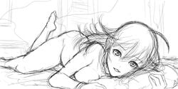 1girls ban barefoot feet female female_only hoshii_miki idolmaster monochrome nude sketch solo