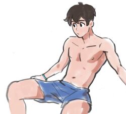 1boy 2021 areolae armpits basketball_shorts belly belly_button boxers bracelet colo flat_chest kyler_(colo) looking_at_another muscular muscular_male nipples original short_hair sitting sketch solo solo_male spread_legs sweet_hex topless topless_male white_background