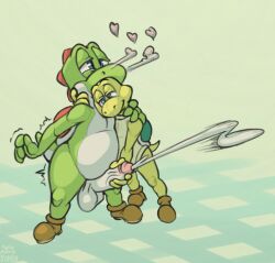 anthro balls bodily_fluids boots breath clothing cum cumshot dinosaur duo ejaculation embrace footwear gay genital_fluids genitals green_yoshi halo-pano hand_on_shoulder handjob heart koopa male male/male mario_(series) masturbation motion_lines nintendo orgasm penile penis reptile scalie sex shell simple_background turtle yoshi