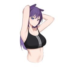 1girls armpits arms_behind_head big_breasts black_sports_bra blue_eyes breasts busty closed_mouth confident heterochromia highres hololive hololive_english hololive_myth koupi_(ku_roiko) ku_roiko large_breasts long_hair looking_at_viewer medium_support_(meme) meme midriff navel ninomae_ina'nis open_mouth pointy_ears pose posing purple_eyes purple_hair roikopi sexy_armpits simple_background smile sports_bra virtual_youtuber