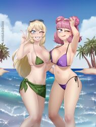 2girls 4headboiii absurd_res alternate_version_available beach bikini blonde_hair boob_squish breast_press danganronpa danganronpa_(series) danganronpa_3 eyewear_on_head female_only high_school_student kamii_tsubasa large_breasts magazine nishizawa_kiriko pink_hair poster side_hug smile smiling smiling_at_viewer sunglasses sunglasses_on_head wink winking_at_viewer