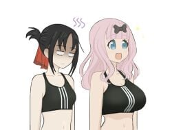 2girls annoyed artist_request big_breasts black_hair black_sports_bra blank_eyes blue_eyes breast_envy breasts breasts_size_difference busty female female_only fujiwara_chika hair_ribbon highres kaguya-sama_wa_kokurasetai_~tensai-tachi_no_renai_zunousen~ large_breasts long_hair medium_breasts medium_support_(meme) meme midriff multiple_girls navel open_mouth pink_hair ponytail ribbon shaded_face shinomiya_kaguya sports_bra