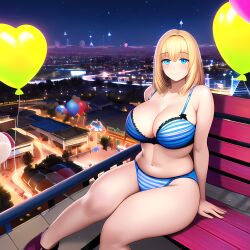 ai_generated amusement_park ashley_graham ashley_graham_(ella_freya) balloon bench big_breasts blonde_hair blue_eyes bra capcom curvaceous curvy curvy_body curvy_female curvy_figure large_breasts medium_hair night novelai resident_evil resident_evil_4 sitting smile smiling smiling_at_viewer striped_bra striped_panties