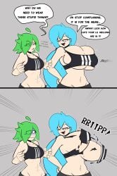 2girls 2koma big_breasts bike_shorts black_eyes blue_hair breast_envy breasts breasts_out bursting_breasts busty character_request cleavage comic confident corythec curvy edit english_text female female_focus female_only green_hair hand_on_hip highres large_breasts legs long_hair medium_breasts medium_support_(meme) meme multiple_girls navel original pose posing shaded_face sports_bra sportswear thighs toned torn_clothes turn_pale uncomfortable voluptuous wardrobe_malfunction