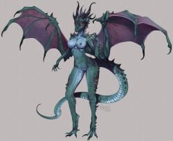 2018 4_toes 5_fingers anthro arm_spikes big_breasts biped blue_body blue_scales breasts claws dated digitigrade dragon feet female finger_claws fingers frill_(anatomy) full-length_portrait genitals glowing glowing_eyes green_body green_scales head_crest head_frill kiguri kiguryu membrane_(anatomy) membranous_frill navel portrait pussy red_eyes scales scalie shoulder_spikes signature slim solo spiked_tail spikes spikes_(anatomy) standing tail toe_claws toes western_dragon wings