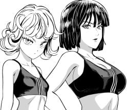 2girls athletic athletic_female bare_midriff big_breasts breasts busty cleavage crop_top divine_wine female female_focus female_only fubuki_(one-punch_man) hourglass_figure medium_support_(meme) meme meme_attire one-punch_man sisters small_breasts sports_bra sportswear tagme take_your_pick tatsumaki vampiranhya_(artist) white_background