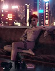 3d couch cyberpunk cyberpunk_2077 daz_3d greengiant3d judy_alvarez latina looking_at_viewer punk skinny_girl slim small_breasts topless