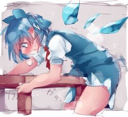 1girls arched_back ass_focus cirno crotch_rub female female_masturbation female_only fully_clothed masturbation masturbation_through_clothes masturbation_through_clothing rubbing rubbing_clitoris rubbing_pussy solo table_humping touhou uranokoedame