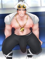 1boy 2021 bara barazoku big_bulge bulge clothing erection_under_clothes gay guzma_(pokemon) hi_res highres huge_bulge looking_at_viewer male male_focus male_nipples male_only manly muscular_male nintendo nipples penis penis_outline pokemon pokemon_masters_ex pokemon_sm pokemon_usm scruffley solo solo_male team_skull yaoi