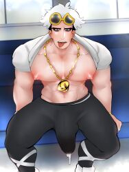 1boy 2021 bara barazoku big_bulge bulge clothing cum cum_drip erection_under_clothes gay guzma_(pokemon) hi_res highres huge_bulge looking_at_viewer male male_focus male_nipples male_only manly muscular_male nintendo nipples penis penis_outline pokemon pokemon_masters_ex pokemon_sm pokemon_usm scruffley solo solo_male team_skull yaoi