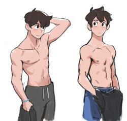 1boy 2021 areolae armpits basketball_shorts belly belly_button bracelet breasts colo grabbing_clothing kyler_(colo) looking_at_another muscular muscular_male nipples original shirt short_hair sketch solo solo_male standing sweet_hex topless topless_male white_background