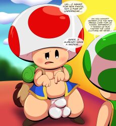 absurd_res anthro backpack big_bulge blush bulge clothing detailed_bulge duo gay hi_res male male_only mario_(series) nintendo pantsless short_stack shortstack super_mario_bros. super_mario_bros._(2023_film) tepigfan101 text tight_underwear toad_(mario) underwear white_underwear