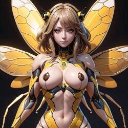 ai_generated bee_costume bee_girl brown_hair cyborg cyborg_girl insect_girl insect_wings original original_character short_hair solo_female wings