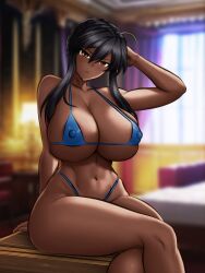 1girls artoria_pendragon_(lancer) big_breasts big_thighs bikini breasts busty cleavage dark-skinned_female dark_skin fate_(series) female female_only huge_breasts huge_thighs large_breasts large_thighs ldukem69 looking_at_viewer micro_bikini navel nipple_bulge sitting solo solo_female swimsuit thick_thighs thighs voluptuous