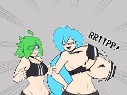 2girls big_breasts bike_shorts black_eyes blue_hair breast_envy breasts breasts_out bursting_breasts busty character_request cleavage confident corythec curvy green_hair hand_on_hip highres large_breasts legs long_hair medium_breasts medium_support_(meme) multiple_girls navel original pose posing shaded_face sports_bra sportswear thighs toned torn_clothes turn_pale uncomfortable voluptuous wardrobe_malfunction