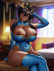 1girls areolae artoria_pendragon_(lancer) big_breasts big_thighs breasts busty cleavage dark-skinned_female dark_skin fate_(series) female female_only huge_breasts huge_thighs large_breasts large_thighs ldukem69 leotard looking_at_viewer nipples sitting solo solo_female thick_thighs thighs voluptuous