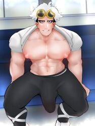 1boy 2021 bara barazoku big_bulge bulge clothing erection_under_clothes gay guzma_(pokemon) hi_res highres huge_bulge looking_at_viewer male male_focus male_nipples male_only manly muscular_male nintendo nipples penis penis_outline pokemon pokemon_masters_ex pokemon_sm pokemon_usm scruffley solo solo_male team_skull yaoi