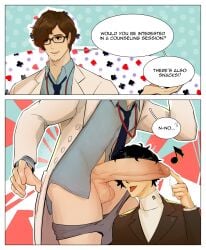 2022 2boys balls bara barazoku big_balls big_penis clothing dialogue english_text erection gay hi_res highres male male/male male_focus male_only manly maruki_takuto penis penis_on_face persona_5 persona_5_royal precum precum_drip ren_amamiya scruffley text touching_penis yaoi