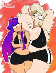 2girls anger_vein annoyed armpits arms_behind_head barbara_miller big_breasts bike_shorts black_eyes blonde_hair breast_envy breast_press breasts bursting_breasts busty cartoon_network child_bearing_hips cleavage crossed_arms curvy female female_focus female_only glitch_techs hand_on_hip highres huge_breasts large_breasts legs long_hair medium_support_(meme) meme miko_kubota milf moisesgrafic multiple_girls navel nickelodeon pose posing purple_hair red_lipstick sexy_armpits short_hair sports_bra sportswear steven_universe thick_thighs thighs voluptuous wide_hips