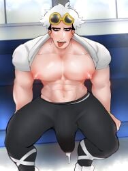 1boy 2021 bara barazoku big_bulge bulge clothing cum cum_drip erection_under_clothes gay guzma_(pokemon) hi_res highres huge_bulge looking_at_viewer male male_focus male_nipples male_only manly muscular_male nintendo nipples penis penis_outline pokemon pokemon_masters_ex pokemon_sm pokemon_usm scruffley solo solo_male team_skull yaoi