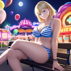 ai_generated amusement_park ashley_graham ashley_graham_(ella_freya) balloon bench big_breasts blonde_hair blue_eyes bra crossed_legs curvaceous curvy curvy_body curvy_female curvy_figure large_breasts medium_hair night novelai resident_evil resident_evil_4 sitting smile smiling smiling_at_viewer striped_bra striped_panties