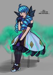 biting_finger blue_eyes blue_hair dress embarrassed fart fart_cloud gwen_(league_of_legends) league_of_legends lolotron6 looking_away sitting_on_chair text unusual_fart worried