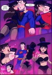 1boy 1girls bedroom_eyes black_hair blue_eyes blushing bra clark_kent comic dc dc_comics dialogue eyeshadow fishnets kissing kissing_neck kryptonian love_spell pantyhose smile sorceress superman superman_(series) surprised teeth teleportation the-arthman zatanna zatanna_zatara