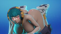 1girls all_fours alternate_version_available ass big_breasts female female_only footwear fortnite full_body hands_and_knees headphones kewdlewd looking_at_viewer panties shoes solo solo_female yuki_(fortnite)