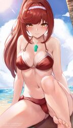 1girls barefoot beach bikini blush breasts cleavage core_crystal detailed_background female female_only glimmer_(xenoblade) highres large_breasts leonma leonmandala long_hair looking_at_viewer midriff monolith_soft navel nintendo orange_hair ponytail red_bikini red_hair red_swimsuit swimsuit thick_thighs thighs very_long_hair water wet xenoblade_(series) xenoblade_chronicles_3 xenoblade_chronicles_3:_future_redeemed