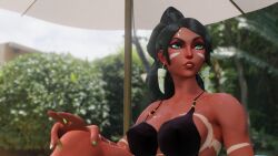 1girls bikini black_bikini black_bra black_hair black_hair_female cigarette close_up dark-skinned_female dark_skin female female_focus female_only green_eyes green_eyes_female hair_tied league_of_legends nidalee otaviox6 ponytail poolside riot_games solo solo_female solo_focus tribal_markings tribal_tattoo tribal_tattoos