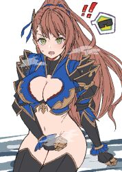 ! !! armor bad_id bad_twitter_id beatrix_(granblue_fantasy) bottomless breasts brown_hair cleavage covering covering_crotch female gloves granblue_fantasy green_eyes large_breasts ll_0109 long_hair looking_at_viewer navel open_mouth ponytail sitting solo sweatdrop