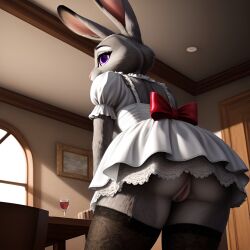 1girls 2020s 2023 ai_generated anthro ass big_ass disney female female_only frosting.ai furry grey_fur judy_hopps looking_back maid maid_outfit maid_uniform no_panties pussy rabbit rabbit_humanoid scalieton self_upload upskirt vagina zootopia